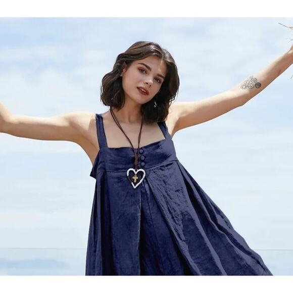 NEW Oversized Cotton Sleeveless Cotton Jumpsuit Adjustable Straps M Navy Blue - Picture 10 of 12